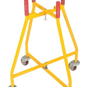 The Vestil Ergo Elevated Bucket & Pail Dolly 100 Lb has a yellow metal frame with four caster-equipped legs and red handles for easy mobility, making it ideal for transporting cylindrical items or equipment up to 100 lbs.
