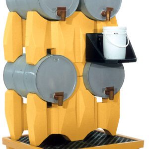 The Vestil Poly 4 (55 Gallon) Drum Rack 3000 Lb Cap includes a yellow rack for four gray spout-equipped barrels, with a black tray and white bucket on the grid-like base for efficient containment.