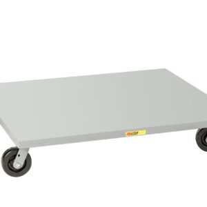 The Little Giant Pallet Dollies are flat, rectangular metal tools with a smooth gray surface and four swivel casters, ideal for smoothly transporting heavy items. A small label on the side ensures reliability and ease during use.