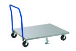 The Little Giant Pallet Dollies have a metallic platform and blue handle with four wheels, including a swivel caster, ideal for transporting heavy items. The trolley stands with its handle extending upwards on the left.