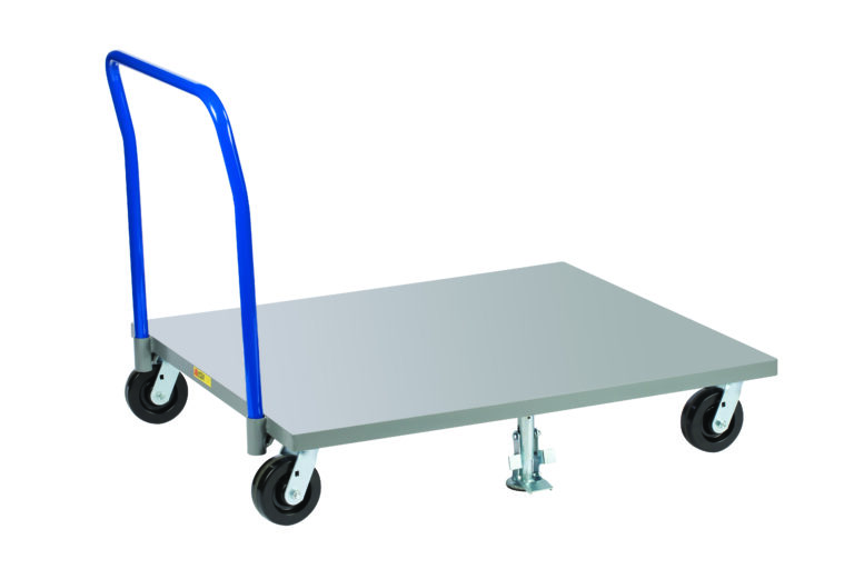 PDSH4048-6PH2FL.jpg The Little Giant Pallet Dollies have a metallic platform and blue handle with four wheels, including a swivel caster, ideal for transporting heavy items. The trolley stands with its handle extending upwards on the left.