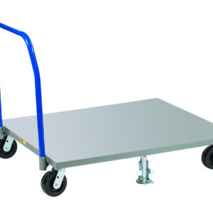 The Little Giant Pallet Dollies have a metallic platform and blue handle with four wheels, including a swivel caster, ideal for transporting heavy items. The trolley stands with its handle extending upwards on the left.