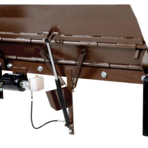 The Vestil Electric Edge-O-Dockleveler 30K 72 X 29 is a large, brown dock leveler with black side bumpers. It has a robust hydraulic mechanism and springs, exposed metal parts, and an integrated control box for smooth operation.
