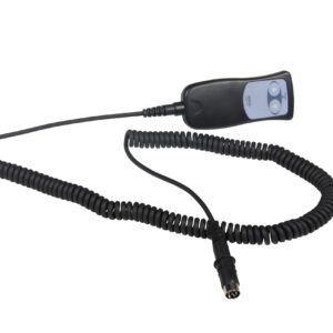 A loosely coiled black cable, similar to the Vestil Quick Lift Option - Push Button Control, has a rectangular remote with two buttons and a small display on one end, and a multi-pin connector on the other, against a white background.