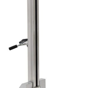 The Vestil Quick Lift 24Vdc is a sleek, vertical metal device with a central ridged column on wheels, rising to 57 and handling loads up to 175#.