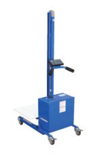 The Vestil Quick Lift 24Vdc Hand Steel is a blue industrial lift with four wheels, a vertical handle, and a control panel. It efficiently raises items to 57 and supports up to 175#, showcasing precision engineering against a white backdrop.