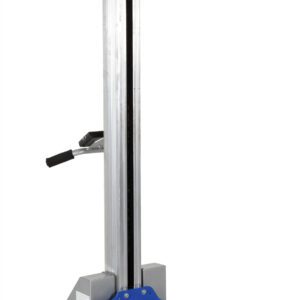 The Vestil Quick Lift Conveyor W/Brake Attachment is a blue and silver industrial lifting device featuring a vertical mast, horizontal platform on wheels, and a manual control lever for safety.