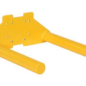 The Vestil Quick Lift Double Spindle Attachment, a yellow metal wall bracket, features two cylindrical hooks that extend horizontally and multiple mounting holes for securely holding items.