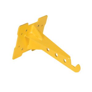 A yellow metal wall bracket with a flat, four-hole mounting base and a strong arm featuring three holes concludes in a practical curved hook, akin to the Vestil Quick Lift Hook Arm Attachment, offering versatile utility.