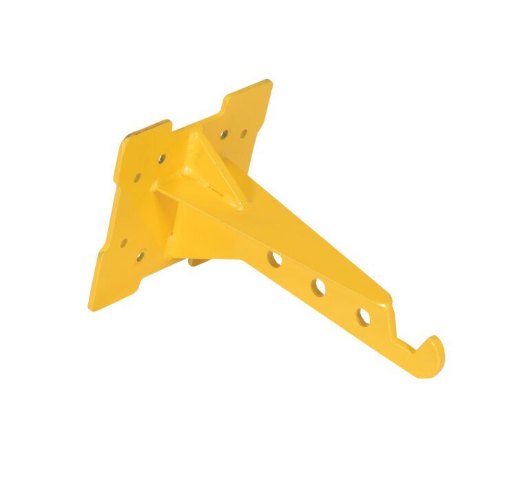 A yellow metal wall bracket with a flat, four-hole mounting base and a strong arm featuring three holes concludes in a practical curved hook, akin to the Vestil Quick Lift Hook Arm Attachment, offering versatile utility.