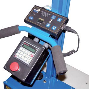 Close-up of industrial equipment with electronic panels and padded handles. The Vestil Quick Lift Option-Ht Index 21 Setpoints features digital displays, a large red emergency stop button, integrated cables on a blue metal frame, offering 21 setpoints for precise control.