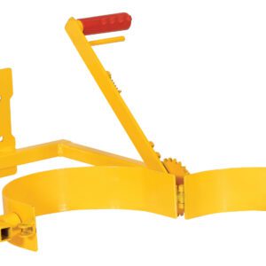 The Vestil Quick Lift Pail Dumper Attachment, a yellow metal tool with a flat base, two semi-circular clamps, and a red-gripped lever handle, securely holds cylindrical objects like propane tanks.