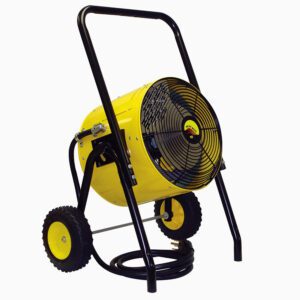 The Vestil Portable Electric Heat Salamander 10/42 is a yellow portable industrial fan with black accents, mounted on a wheeled black frame. It includes a circular protective grille and a cable on the base, perfect for industrial ventilation.