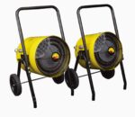 Two yellow industrial fans with black frames and wheels are side by side, resembling the Vestil Portable Electric Heat Salamander 15/42, featuring protective grilles and designed for easy mobility in large spaces.