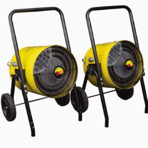 Two yellow industrial fans with black frames and wheels are side by side, resembling the Vestil Portable Electric Heat Salamander 15/42, featuring protective grilles and designed for easy mobility in large spaces.