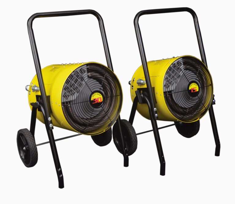 Two yellow industrial fans with black frames and wheels are side by side, resembling the Vestil Portable Electric Heat Salamander 15/42, featuring protective grilles and designed for easy mobility in large spaces.
