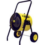 The Vestil Portable Electric Heat Salamander 15/36 has a yellow cylindrical body with a black grille, mounted on a metal frame with two wheels and a top handle for easy transport, making it perfect for industrial use.