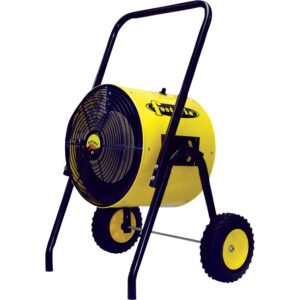 The Vestil Portable Electric Heat Salamander 15/18 is a yellow industrial fan with black grilles, mounted on two wheels for easy mobility, making it perfect for high airflow in large spaces or outdoor use.