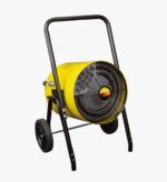 A Vestil Portable Electric Heat Salamander 30/36 fan, yellow with a black metal frame and two wheels, includes a protective grille over the blades and side control panel.