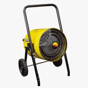 A Vestil Portable Electric Heat Salamander 30/36 fan, yellow with a black metal frame and two wheels, includes a protective grille over the blades and side control panel.
