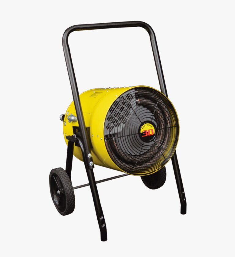 A Vestil Portable Electric Heat Salamander 30/36 fan, yellow with a black metal frame and two wheels, includes a protective grille over the blades and side control panel.