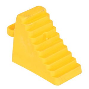 The Vestil Polyethylene Wheel Chock, weighing 3 lbs, features a bright yellow color and stair-step design, complete with an integrated handle for easy handling.