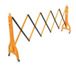 The Vestil Plastic Expand-A-Gate W/Casters is an orange, wheeled barrier with black diagonal bars, featuring a practical scissor-like expandable design for versatility.