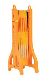 The Vestil Plastic Expand-A-Gate is a portable safety barrier in orange, with an expandable, foldable design that stands 38 inches tall. It has yellow and red reflective panels and top handles for easy transport, perfect for marking off restricted areas.