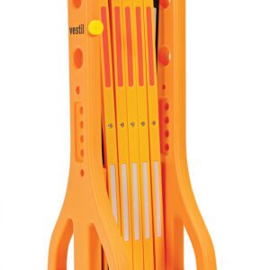The Vestil Plastic Expand-A-Gate is a portable safety barrier in orange, with an expandable, foldable design that stands 38 inches tall. It has yellow and red reflective panels and top handles for easy transport, perfect for marking off restricted areas.