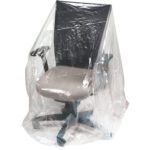 An office chair in a transparent MH-USA furniture cover (28 x 17 x 146, 1 Mil) reveals its cushioned seat, backrest, armrests, and wheeled base, ensuring elegant and efficient protection.