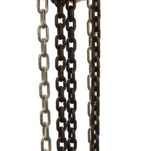 The Vestil Professional Chain Hoist 1K 10 Ft boasts a 1/2-ton capacity, with a top hook attachment, durable metal chain ending in a bottom hook for efficient lifting. Its bright orange color enhances visibility and reliability for professional use.