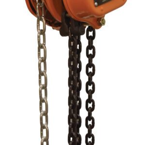 The orange Vestil Professional Chain Hoist 1K 15 Ft features metal chains with hooks, a specification plate for heavy lifting, and ensures reliability and strength for industrial tasks.