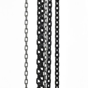 The Vestil Professional Chain Hoist 10K 20 Ft features a vivid orange body, multiple black chains, and top and lower hooks for lifting heavy loads. Its sturdy metallic design includes a small label highlighting its industrial durability.