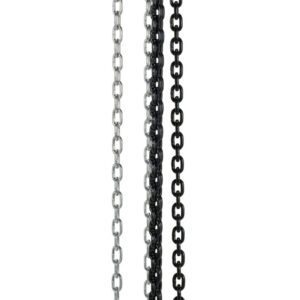 The Vestil Professional Chain Hoist 2K 10 Ft is an orange industrial hoist equipped with a sturdy top metal hook, a silver chain, and a black chain featuring an end hook, making it ideal for reliable and easy lifting of heavy objects.