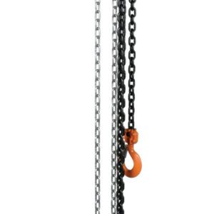 The Vestil Professional Chain Hoist 2K 15 Ft is a manual chain hoist with an orange hook and pulley system, featuring extended chains for easy lifting and lowering of heavy items, with one hook and chain extending to the ground.