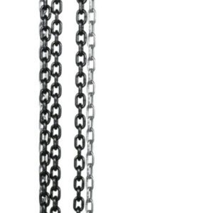 A Vestil Professional Chain Hoist 2K 20 Ft features an orange hook and pulley system on top with two parallel chains, one black, one silver. Another orange hook hangs at the bottom near a coiled chain pile.