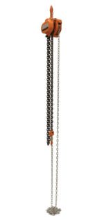 The orange Vestil Professional Chain Hoist 3K 10 Ft is a manual hoist designed for reliable heavy lifting, featuring two long chains: one loops through the hoist and extends downward, while the other rests on the ground.