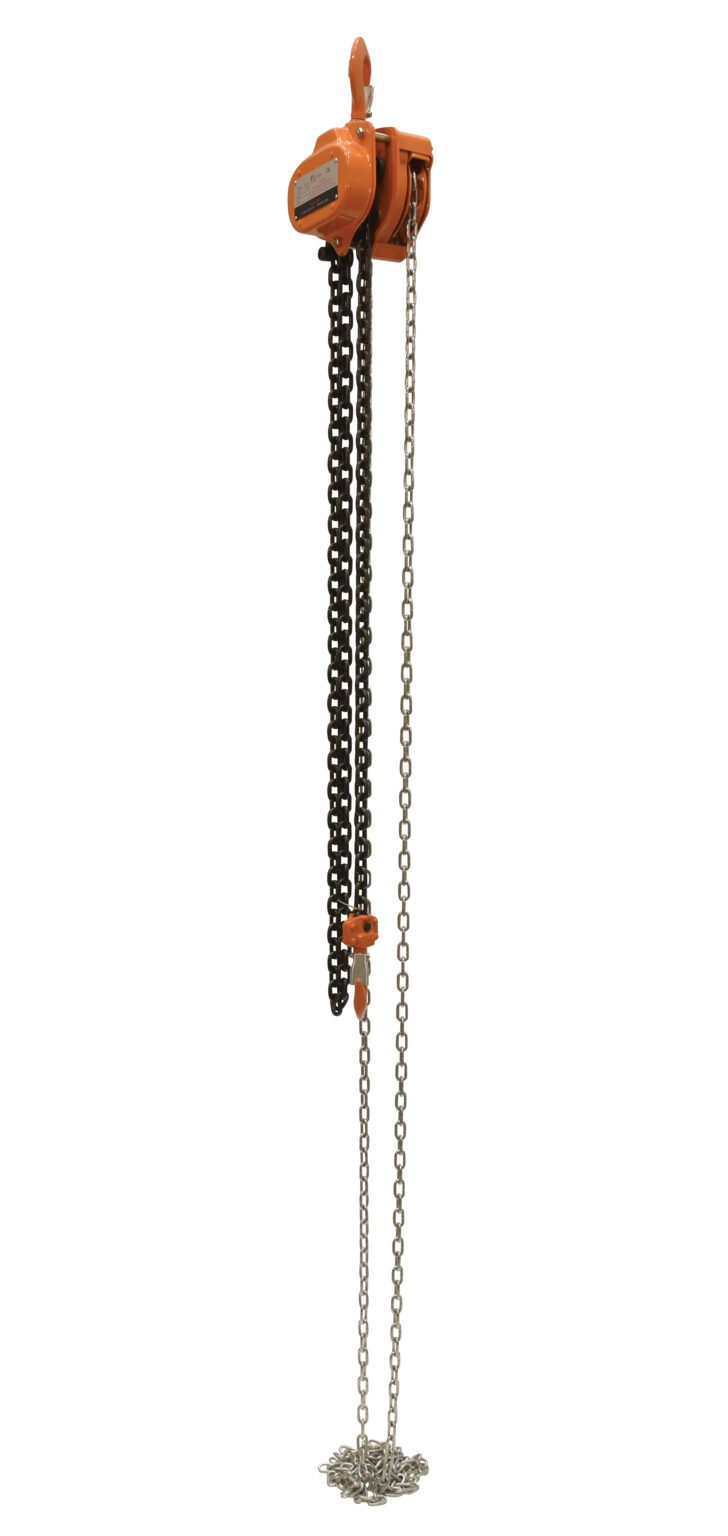 PHCH-3-10_A.jpg The orange Vestil Professional Chain Hoist 3K 10 Ft is a manual hoist designed for reliable heavy lifting, featuring two long chains: one loops through the hoist and extends downward, while the other rests on the ground.