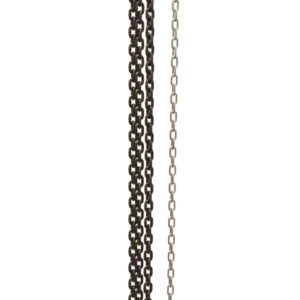 The Vestil Professional Chain Hoist 3K 15 Ft features an orange body and two chains, silver and dark, with a top lifting hook for efficient manual operation. Chains are neatly gathered at the bottom for organized handling.