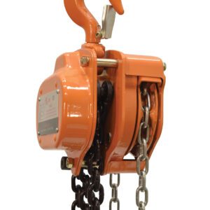 The orange Vestil Professional Chain Hoist 3K 20 Ft, with metal chains, visible screws, and a large hook, boasts a sturdy design and industrial finish, perfect for efficiently lifting heavy objects manually.