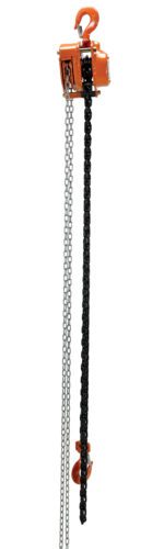 The Vestil Professional Chain Hoist 4K 15 Ft, featuring an orange hook and body, includes two vertically hanging chains—one black and one silver—and is designed for lifting heavy loads efficiently.