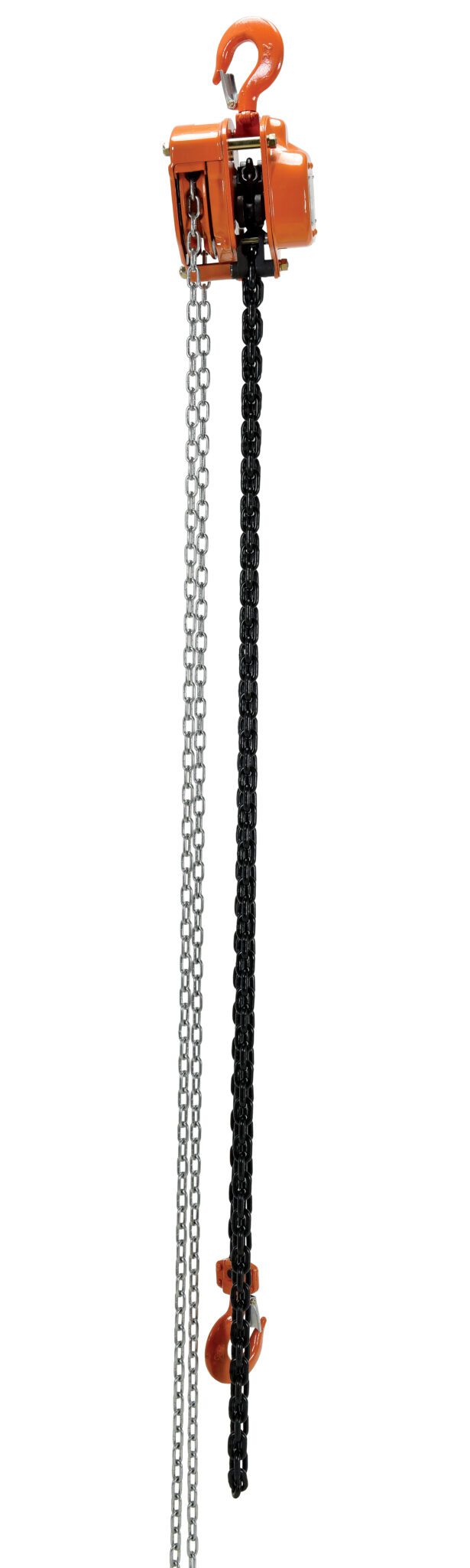The Vestil Professional Chain Hoist 4K 15 Ft, featuring an orange hook and body, includes two vertically hanging chains—one black and one silver—and is designed for lifting heavy loads efficiently.