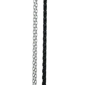 The Vestil Professional Chain Hoist 4K 15 Ft, featuring an orange hook and body, includes two vertically hanging chains—one black and one silver—and is designed for lifting heavy loads efficiently.