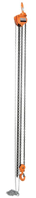 The Vestil Professional Chain Hoist 6K 15 Ft features a tall metal design with an orange pulley at the top and a sturdy hook at the bottom. Its vertical black and silver chains ensure reliable performance for heavy lifting tasks.