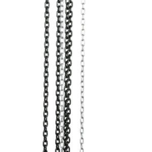 A vertical image of the Vestil Professional Chain Hoist 6K 20 Ft features an orange hook and pulley system with multiple black and silver chains, perfect for lifting or pulling heavy loads.