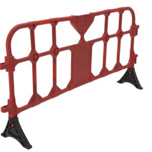 The Vestil Red Plastic Handrailing Section 79 In features a grid design and two black triangular feet for stability. This freestanding red barrier is ideal for safely blocking or directing pedestrian traffic.