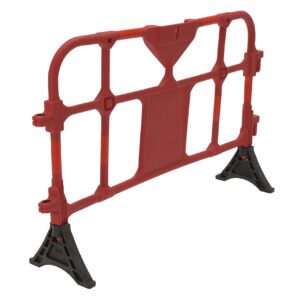 The Vestil 59 In Red Plastic Handrailing Section features a central rectangular panel with two sturdy black supports, making it perfect for directing traffic or marking restricted areas.