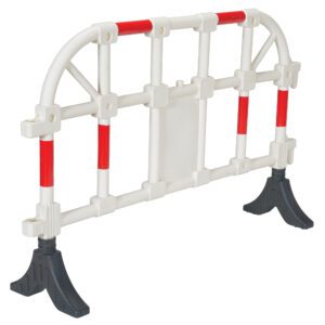 The Vestil White Plastic Handrailing Section 64 In is ideal for crowd control or traffic management, featuring a white barrier with red accents, black detachable feet, and a durable horizontal and vertical bar framework with a small central panel.