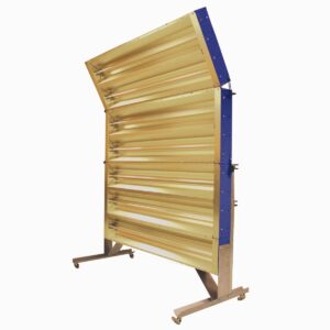 A large, angled metal louver resembling the Vestil Portable Infrared Heat Panel 61 X 77 is set on a wheeled stand. Gold slats within a blue frame adjust light or airflow against a plain white backdrop, emphasizing its sleek design.