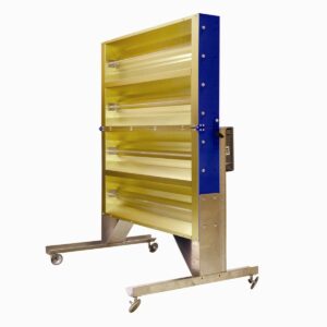 The Vestil Portable Infrared Heat Panel 40 X 44 pairs perfectly with a blue and yellow industrial ventilation louver on a wheeled metal stand, featuring adjustable horizontal slats for superior air control and distribution in various environments.